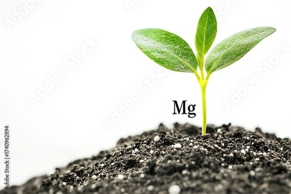 Fototapeta Young plant seedling growing from soil with Mg symbol representing magnesium nutrient, Generative AI.