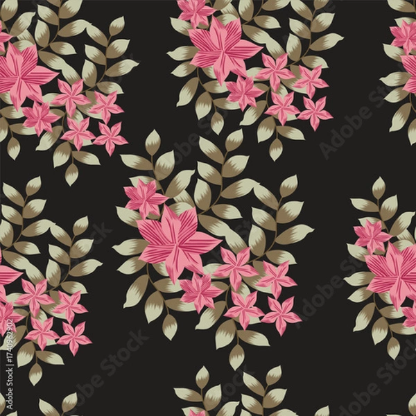 Fototapeta Print floral_repeating_seamless_pattern_textured_geometric_colorful_black_background_fabric