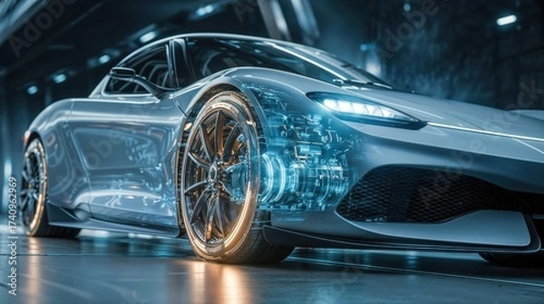 Fototapeta Futuristic transparent sports car with visible internal mechanics and glowing wheels in a high-tech showroom with dramatic blue lighting
