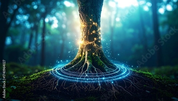 Fototapeta Tree Illuminated with Glowing Lights in a Mystical Forest Setting