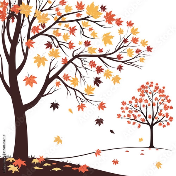 Fototapeta Stylized autumn trees with falling maple leaves in warm fall colors on a white background