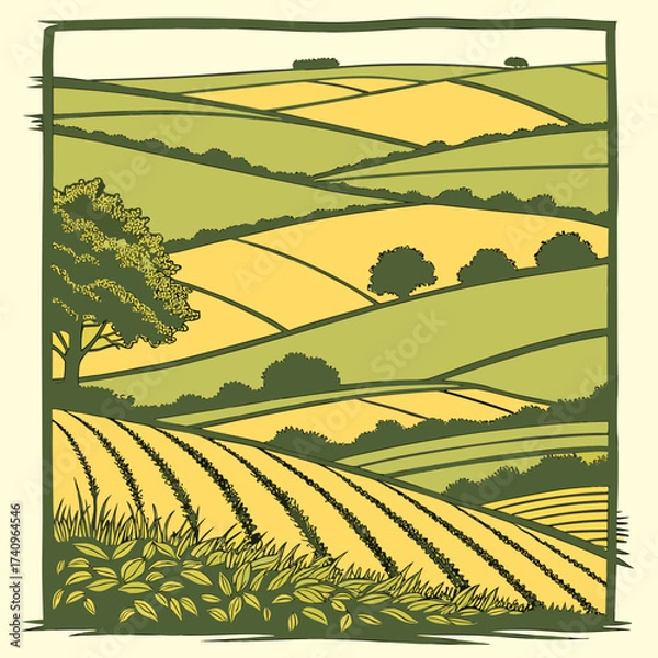 Fototapeta Stylized illustration of rolling green and yellow agricultural fields with a large tree and crops in the foreground
