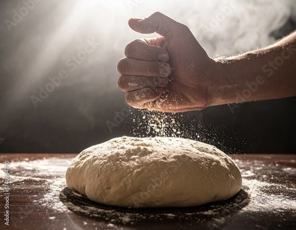Obraz Adding Flour to Fresh Dough on a Table