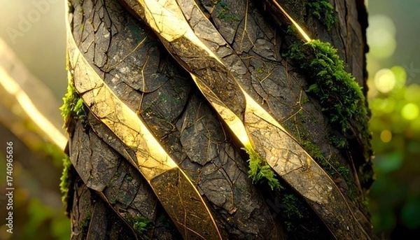 Fototapeta Tree Trunk Texture Illuminated with Golden Light in a Forest Setting