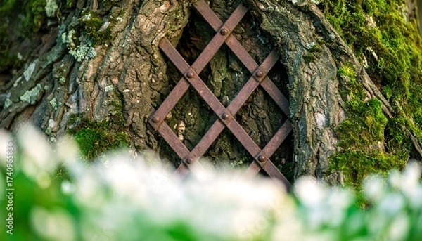 Fototapeta Tree Trunk with Metal Lattice and Green Moss Closeup in Natural Setting