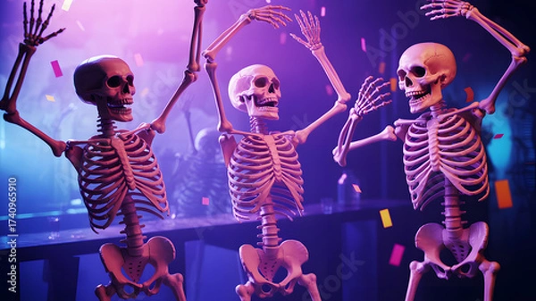 Obraz Three skeletons dancing and celebrating with purple and blue lights