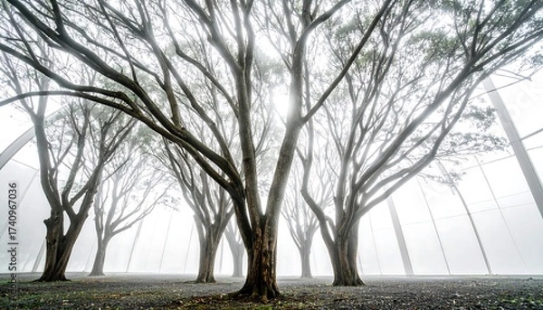 Fototapeta Trees in Foggy Atmosphere with Sun Shining Through Branches