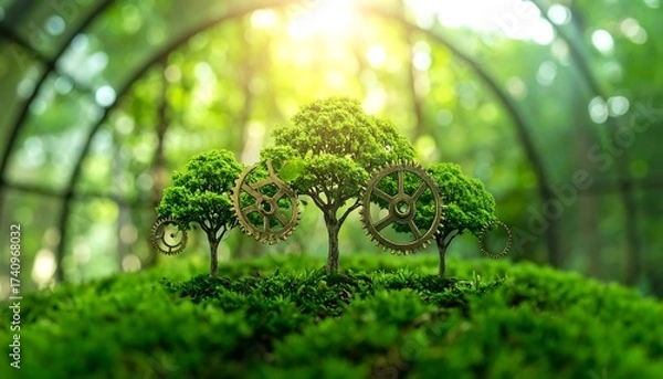 Fototapeta Trees with Gears Symbolizing Green Technology and Nature