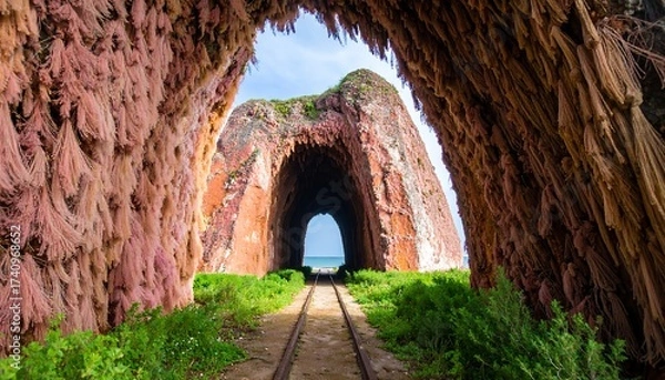 Fototapeta Tunnel View with Railway Leading to the Sea and Natural Stone Structures