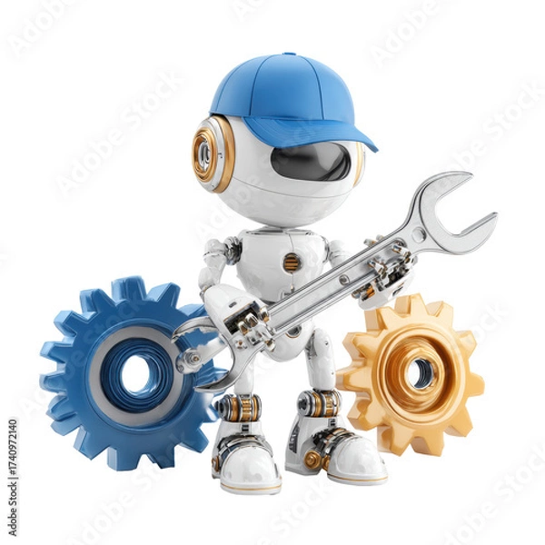 Fototapeta Robot Technician with Wrench and Gears on Transparent Background
