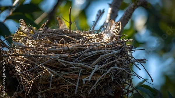 Fototapeta A bird's nest atop a lush green tree, with branches, dry leaves, and feathers visible, but no birds at all.