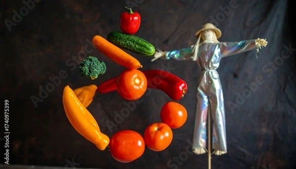 Fototapeta Vegetables Floating with Scarecrow in Artistic Food Display