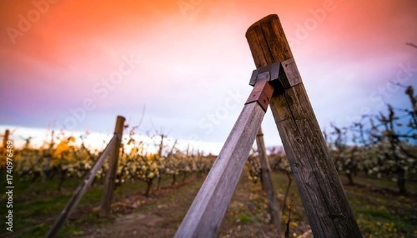 Fototapeta Vineyard Posts with Sunset Sky and Blooming Trees