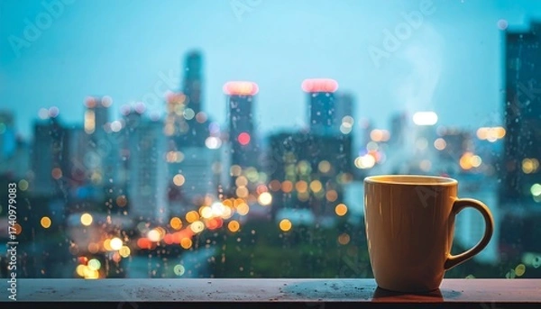 Fototapeta Warm Mug with City Lights Bokeh View From a Window