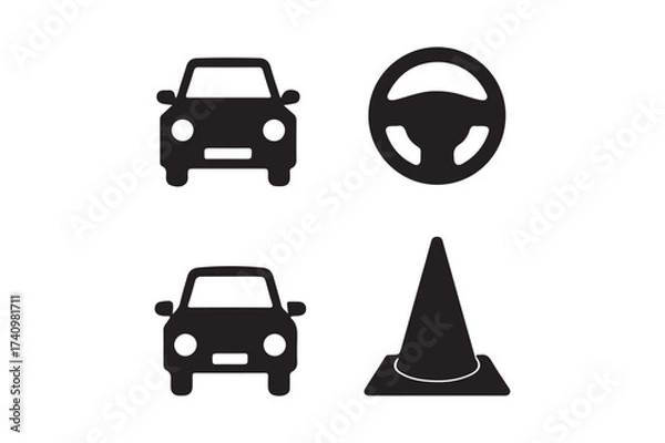 Fototapeta Set of four black car and driving related icons on a white background