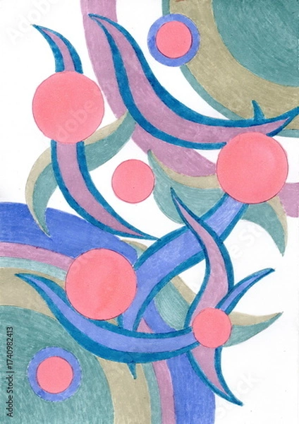 Fototapeta An abstract composition of smooth, curved lines and circles. The primary colors are pink, blue, purple, and greenish-olive. The shapes intertwine.