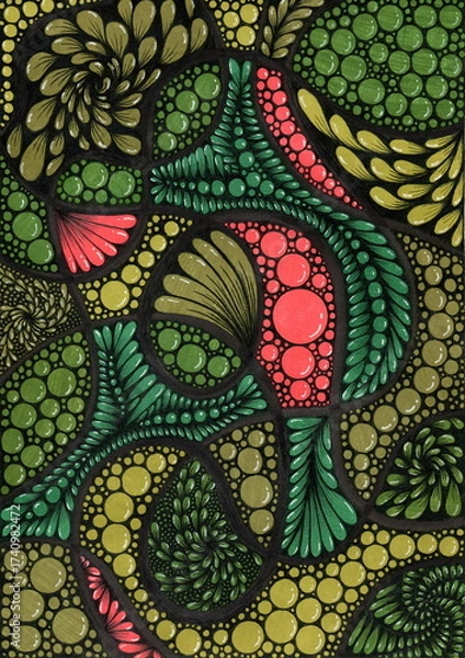 Fototapeta An abstract pattern created using a technique reminiscent of organic mosaics. The composition consists of numerous circles and oval shapes, united into fluid structures reminiscent of plant cells.