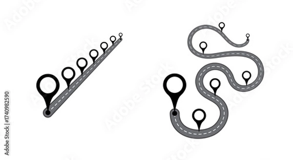 Fototapeta Location pin markers, line with turn, curve, straight road vector design. Simple and complex difficult complicated business process solution. Gps map markers illustration isolated on white. 