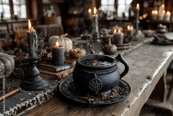 Fototapeta Rustic Halloween Table Setting with Witch's Cauldron and Candlelit Ambiance