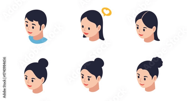 Fototapeta Flat diverse people avatars set with different hairstyles and expressions