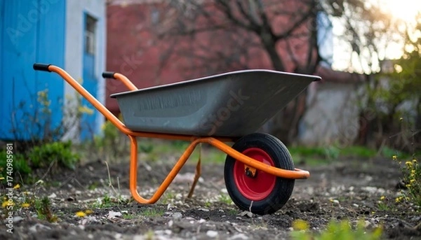Fototapeta Wheelbarrow in Garden Ready for Work with Orange Frame and Black Tire