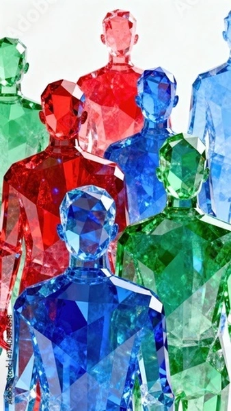 Fototapeta Colorful abstract figures made of crystal-like material, showcasing a vibrant arrangement of red, blue, and green hues, creating a striking visual effect with a sense of depth and dimension