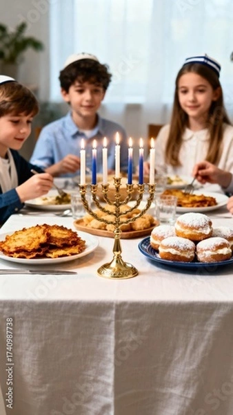 Fototapeta Children gathered around a festive table celebrating a traditional holiday, enjoying delicious food, with a menorah lit in the center, creating a warm and joyful atmosphere of togetherness and celebra