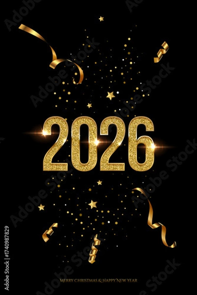 Fototapeta 2026 Happy New Year greeting card vector background. 2026 golden numbers with confetti and congratulation text on black. Luxury festive sparkle holiday postcard, invitation, banner for social media.