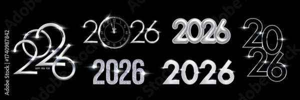 Fototapeta 2026 Happy New Year greeting cards set. Silver glowing numbers 2026 with light effects on black. Luxury festive sparkle holiday postcard, invitation, banner, poster. Vector illustration.