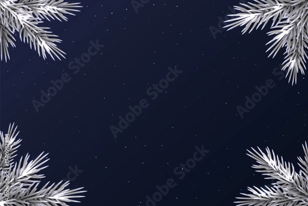 Fototapeta Festive frame for Christmas or New Year greeting cards, posters, invitations. Silver pine tree branches in corners on navy blue background with glowing particles. Elegant holiday vector backdrop.