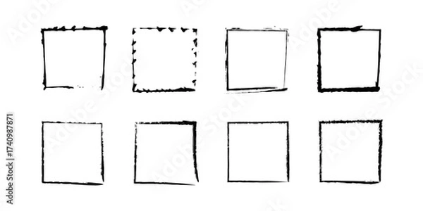 Fototapeta Brush square frames in crayon style. Black grunge square borders with rough brush strokes isolated on white. Hand drawn sketchy frames for design, notes, social media. Realistic vector illustration.