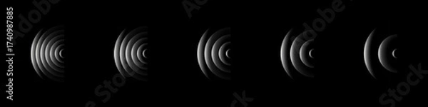Fototapeta Sound wave rings. Glowing neon white wifi, wireless network, signal circles with futuristic motion ripple effect isolated on black background. Tech abstract vector illustration.