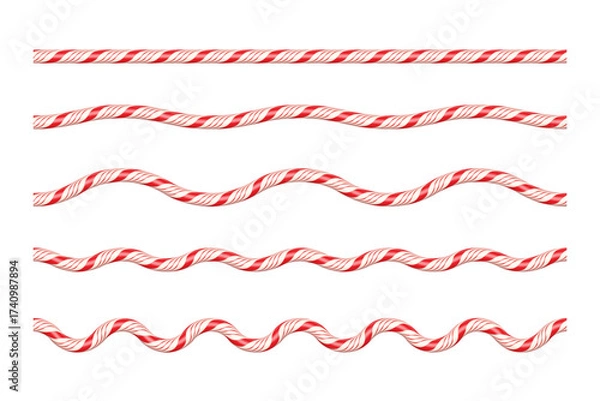 Fototapeta Red and white candy cane ropes in various wave patterns. Festive twisted lines with increasing curvature for Christmas borders, dividers, decorative holiday designs. Realistic vector illustrations