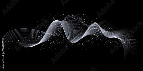 Fototapeta Silver waves background. White wave lines with glowing light effect on black background. Curved abstract stripes forming fluid motion and elegant movement. Dynamic modern vector design.