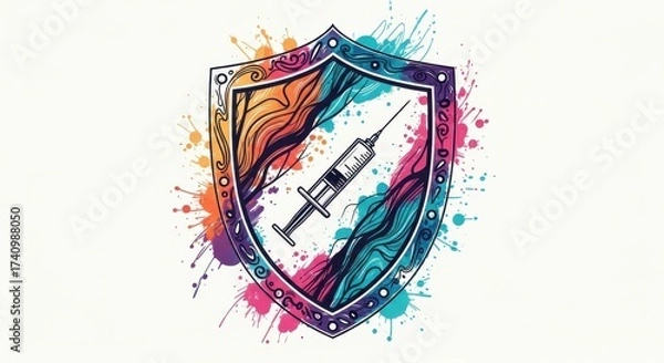 Fototapeta vibrant shield with abstract syringe design and colorful splatters on white background. symbol of protection. national immunization awareness month. health campaign visuals