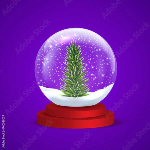 Fototapeta Snow globe. Transparent glass snowball with red base, snow, snowflakes, and Christmas tree on purple. Vector festive decoration for Christmas and New Year design. Realistic vector illustration.