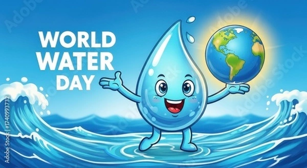 Fototapeta smiling water droplet character holding earth globe with ocean waves. world water day theme promoting water conservation and quality. environmental awareness banner
