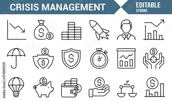 Fototapeta Linear financial crisis icons with shield, chart, and piggy bank symbols
