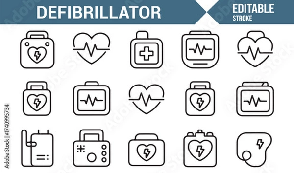 Fototapeta Emergency healthcare icon set including defibrillator, heart, and ECG symbols