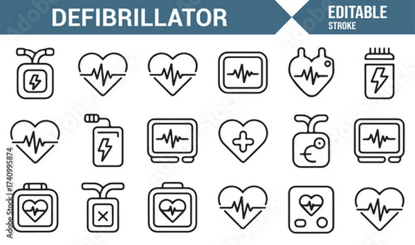 Fototapeta Linear vector icons of medical devices, defibrillators, and heart care equipment