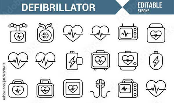 Fototapeta Editable stroke defibrillator vector symbols with heart, pulse, and monitor icons