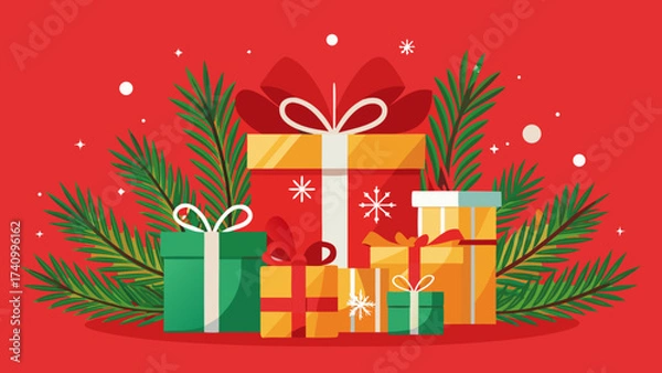 Fototapeta Vector art of a festive arrangement of christmas presents, adorned with vibrant ribbons and surrounded by lush pine branches, evokes the joy of the holiday season