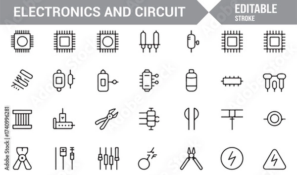 Fototapeta Simple vector line art icons of electronics, wiring, and circuit board components