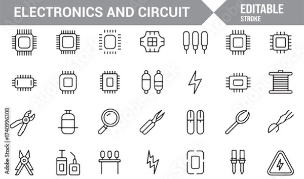 Fototapeta Editable stroke electronics tool icons for innovation, science, and hardware design
