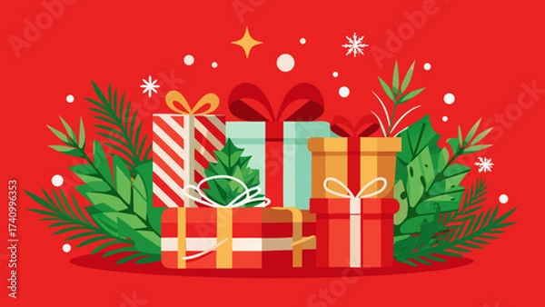 Fototapeta Vector art of a festive arrangement of christmas gifts, beautifully wrapped and tied with ribbons, surrounded by verdant foliage on a cheerful red background