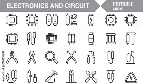 Fototapeta Minimal line icon set of electronic parts, chips, and power symbols for tech use