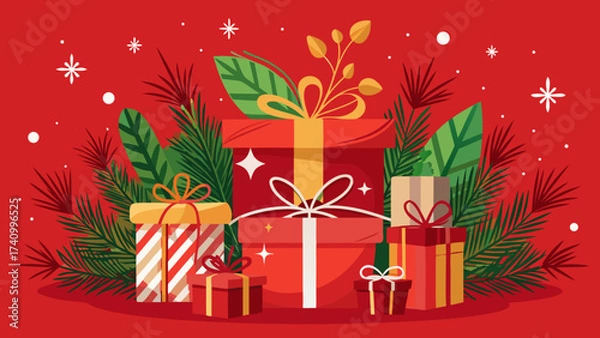 Fototapeta Vector art of a vibrant christmas scene featuring a collection of beautifully wrapped gifts and festive foliage, set against a rich red backdrop, creating a warm holiday spirit