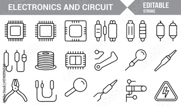 Fototapeta Circuit and electronics outline vector icons for digital and hardware design