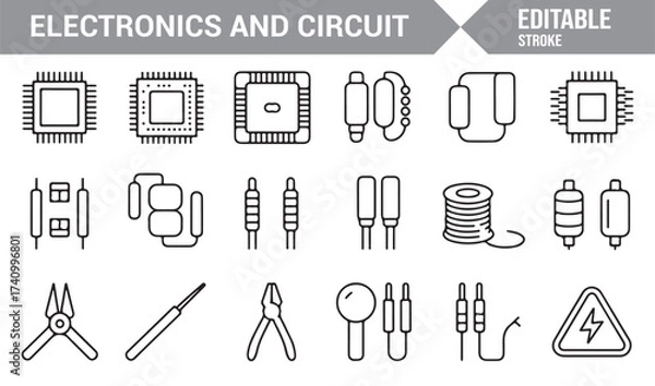 Fototapeta Vector outline electronics icons pack for energy, power, and hardware concepts