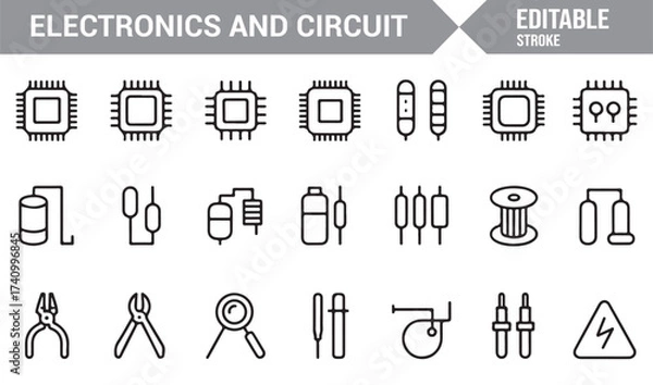 Fototapeta Editable stroke electronic component icons with chip, wire, and resistor design